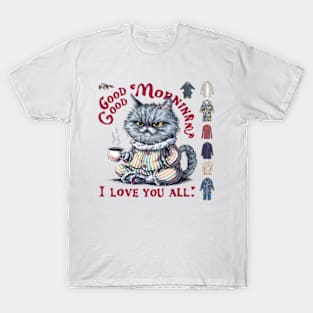 Print design of a cute Persian cat, wearing cozy pajamas and holding a steaming cup of coffee.3 T-Shirt